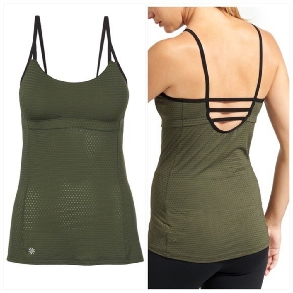 Athleta Chi Mesh Tank Top Olive Green Strappy Back Built in Bra Size Medium